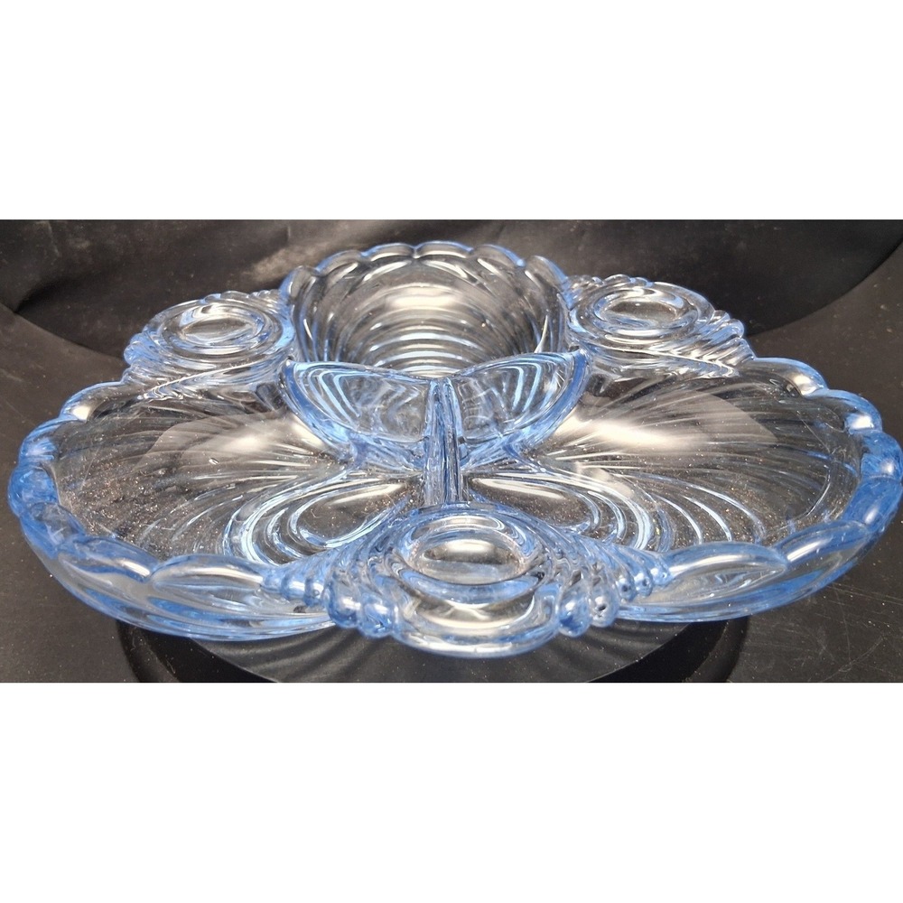 Vintage Blue Glass 3 Section Relish‎ Dish Scalloped Swirl Candy Nut Tray 7 inch